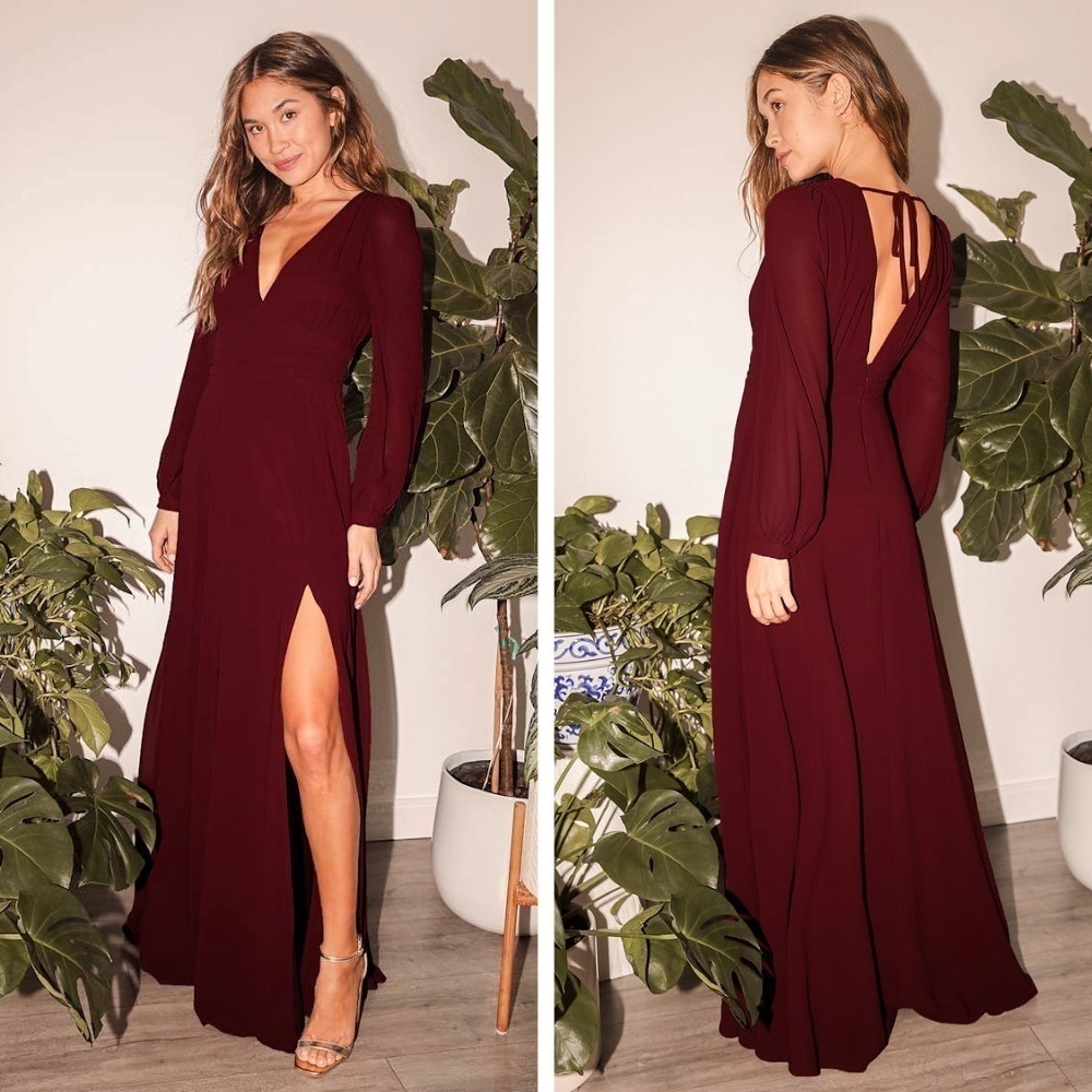 NWT Lulus Love You So Burgundy Long Sleeve Maxi Dress, Size XS